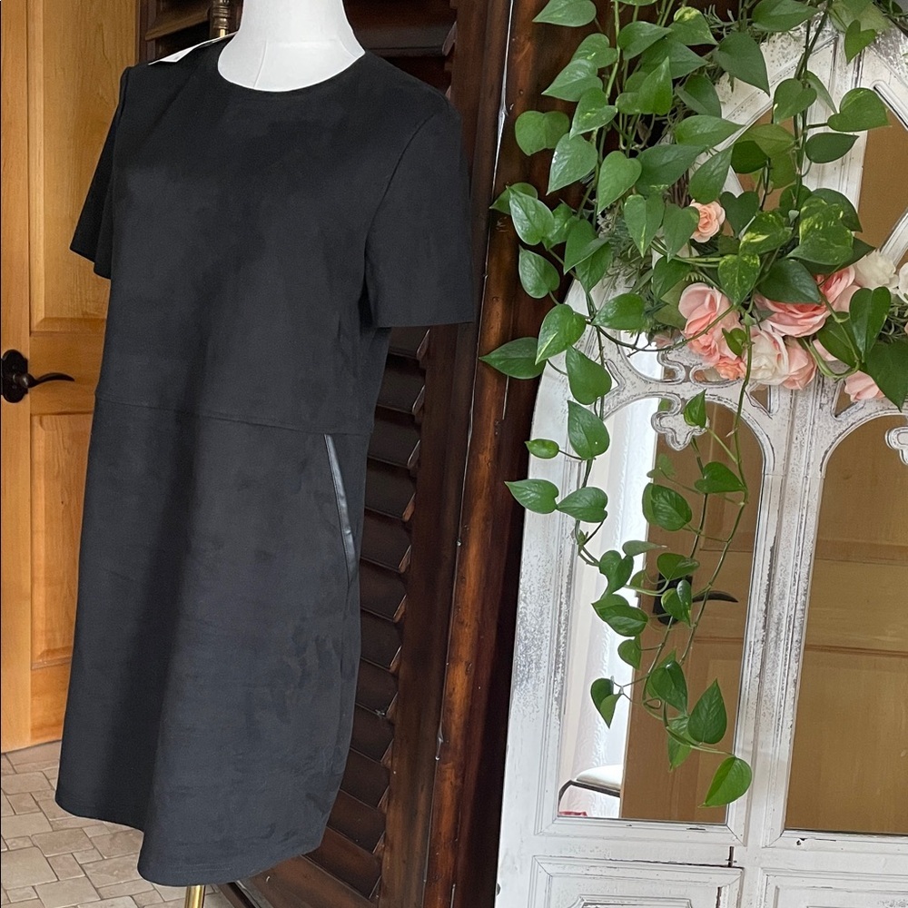 NWT Zara Faux Suede Leather Black Short Sleeve Dress Shift Small